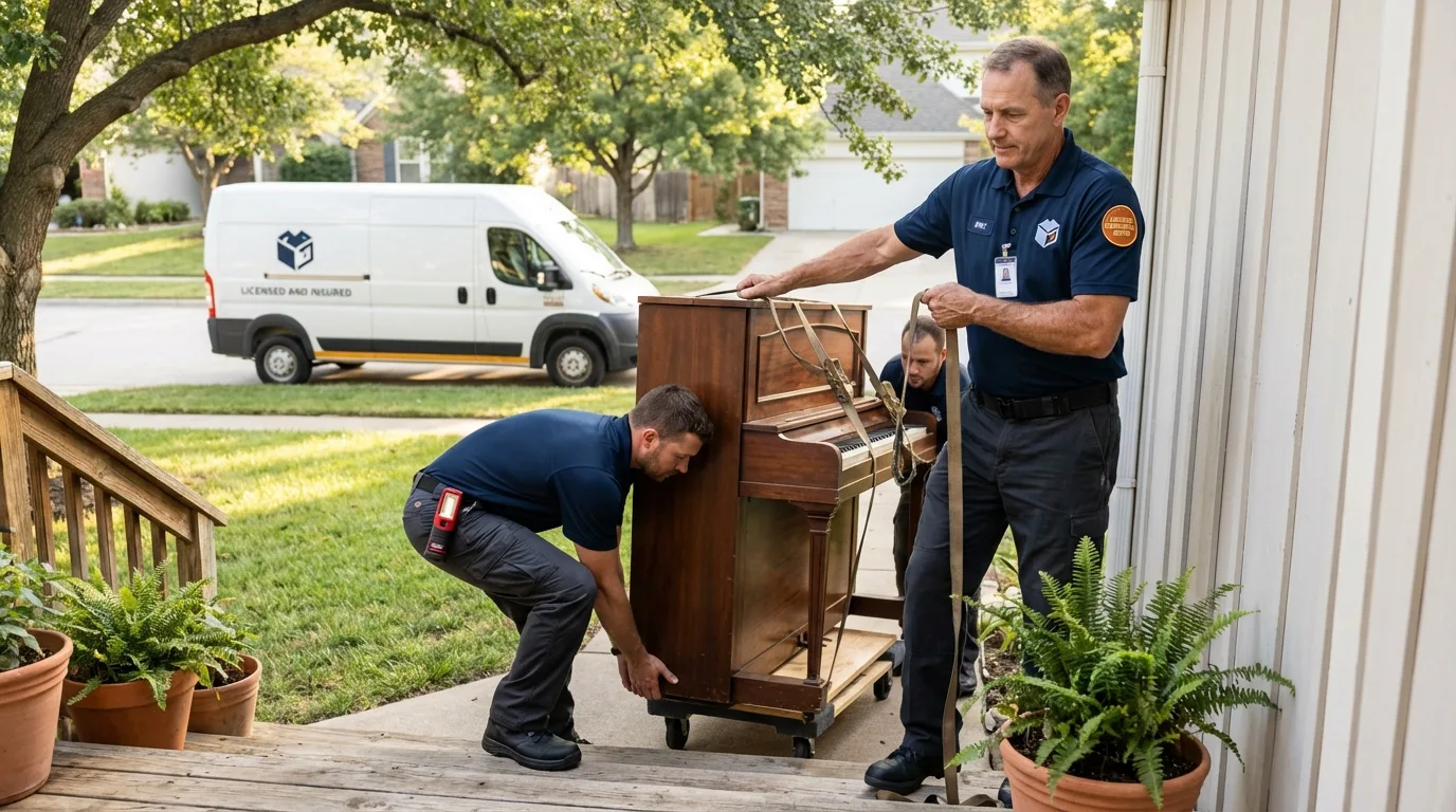 Licensed piano movers securing grand piano in Falmouth, KY
