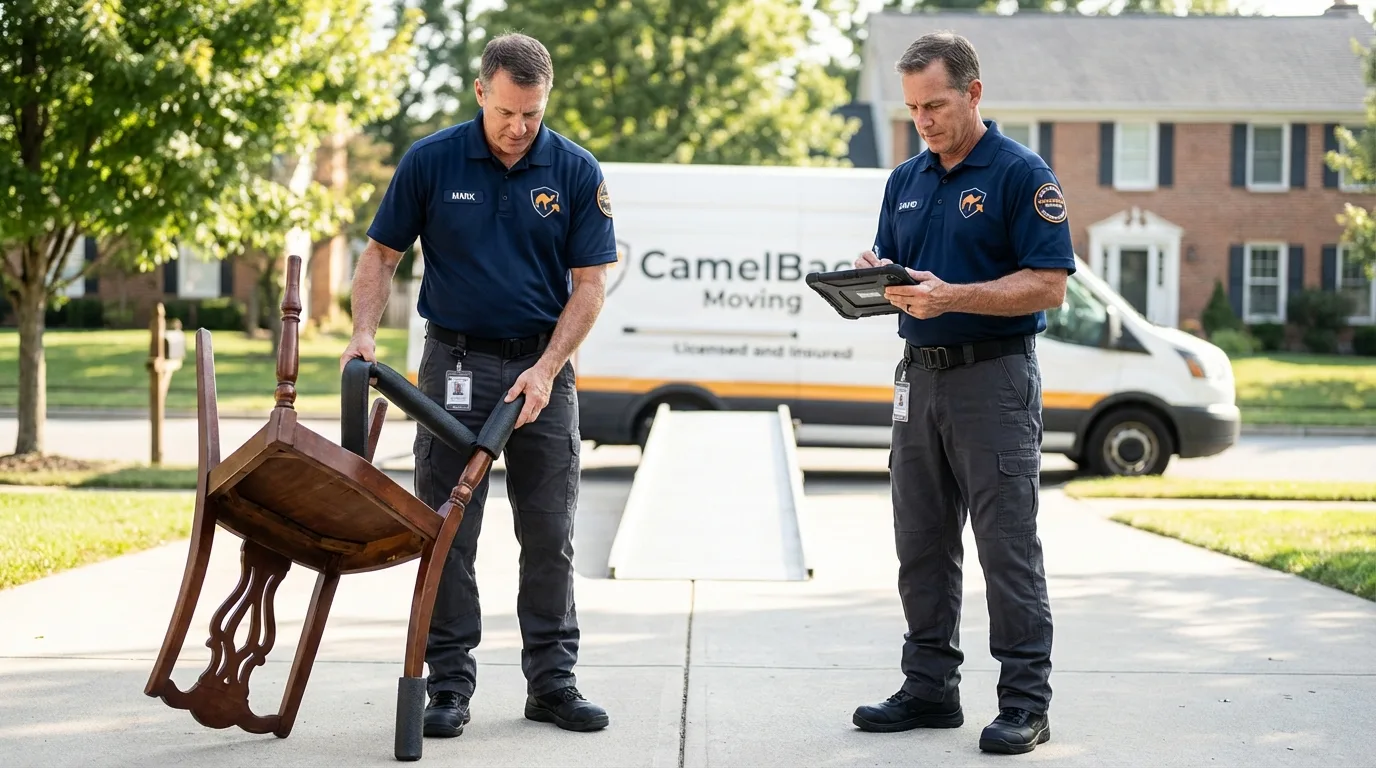 Movers inspecting furniture for damage prevention before loading in Falmouth, KY
