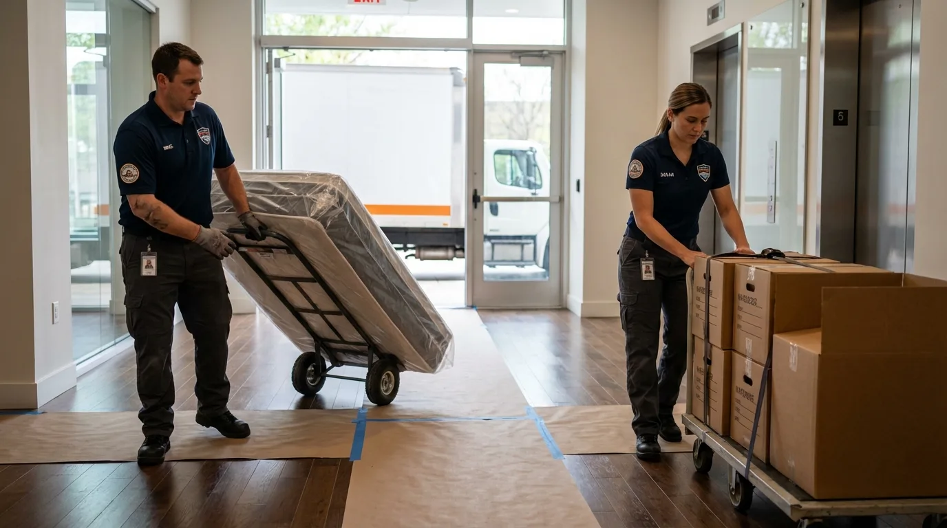Professional apartment movers loading elevator in Falmouth, KY