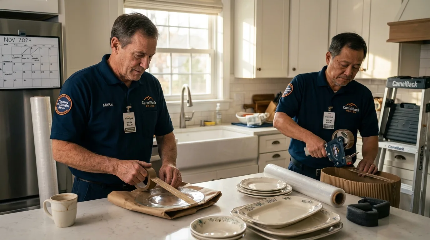 Professional crew packing kitchen dishware in Falmouth, KY